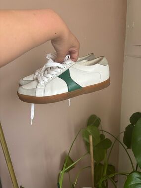 White Leather Sneakers with Green Accent and Gum Sole